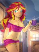 Sunset Shimmer needs her morning coffee (artists: vest &amp; MrsCurlyStyles)
