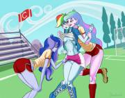 Principal Celestia and Vice Principal Luna inspect Rainbow Dash on the field [Equestria Girls] (artist: donutwish)
