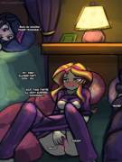 Sunset Shimmer doesn't think she's being observed at a sleep-over [Equestria Girls] (artist: lumineko)