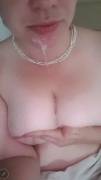 Pearl necklace, sticky clevage, and a smile! (F)