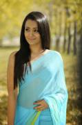 Trisha in an almost transparent blue saree