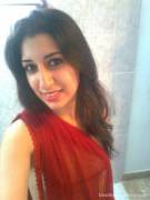 Hot Indian babe drapes red saree blouse-less