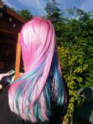 Redditor /u/cazzzle with some of the sexiest shiny pink and blue cotton candy hair!