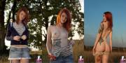 Redhead with her clothes on and off