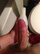 My cock and a tall shampoo bottle