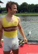 College rower's hard dick bulging through his skin tight uniform...