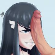 Satsuki stroking a dick with her eyebrows