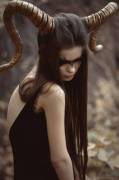 Fantasy character: horned girl with long straight hair (repost r/Hairporn)