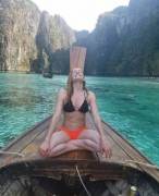 Caity Lotz in bikini on a boat