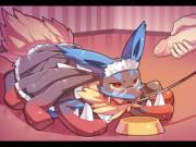 [Coed] Riolu [F], Lucario [M], and Mega Lucario [F], spending time with their trainers [M]