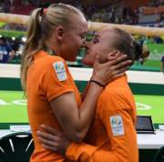 Lieke Wevers congratulating her twin sister sanne wevers for wining gold on balance beam