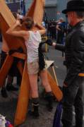 Petite exhibitionist goes topless, gets flogged, and has her crotch vibed at Folsom Street Fair 2011 [xpost /r/SexShows]