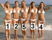5 girls in while bikinis ranked by best stomach.