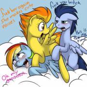 Silly Spitfire, get off Dashie. She isn't going anywhere. [Rainbow Dash][Soarin][Spitfire][m/f]