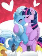 Trixie and Twilight kissing as they ride a couple stallions [M/F][F/F][group] (artist: freedomthai)