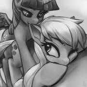 Alicorn Twilight nibbles on Applejack's ear while positioning herself strategically from behind [F/F][suggestive] (artist: cauldroneer)