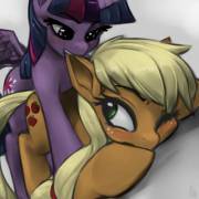 Alicorn Twilight nibbles on Applejack's ear -- except this time in color [F/F][suggestive] (artist: cauldroneer)