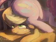Remember that episode when Pinkie Pie sat on Applejack's head and got wet doing it? [F/F] (artist: obsidianlit)
