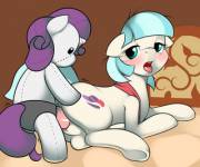 Rarity, what are you doing to Coco Pommel? oh wait.. (artist: kloudmutt)