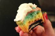 rainbow vanilla cupcake with oreo bottom + vanilla cream cheese frosting