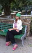 green bandanna, on a bench