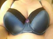 38GG's in blue bra with purple ribbon