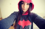 Melonie Mac showing off her Arkham Knight Hoodie