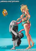 Wii Fit Trainer showing Rosalina how flexible she is [Nintendo, Super Mario Bros.] (psicoero)