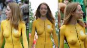 Riding a bike in Kill Bill body paint