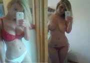 Sexy blonde with big breasts taking a selfie with clothes on, and then off.